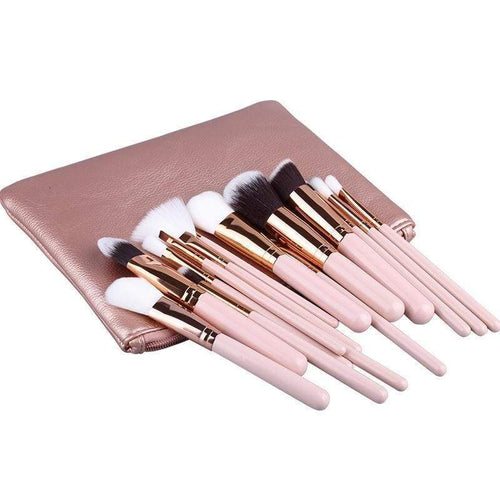 Fabulous Chic Brush Set (15 Piece) Pink Suede Makeup Brushes